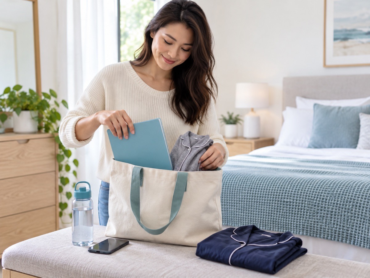 Adult preparing comfortable sleepwear and appointment documents for a home sleep study fitting