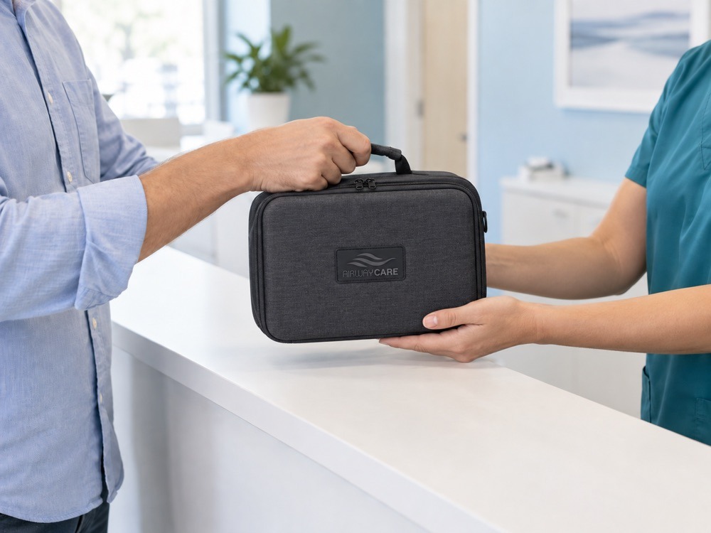 Illustration of an Airway Care equipment bag being returned to clinic staff