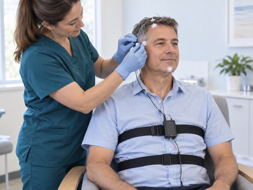 Illustration of a sleep technician fitting head sensors and a portable sleep study recorder