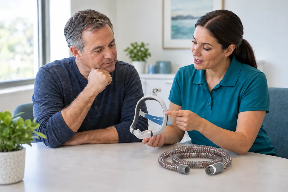 AI illustration of a patient discussing an AirTouch N30i mask, with ClimateLineAir 11 tubing on the table